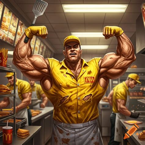 Extremely muscular fast food worker flexing in a restaurant kitchen. on ...
