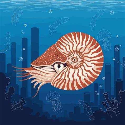 Nautilus shell marine creature in the ocean | Premium Vector