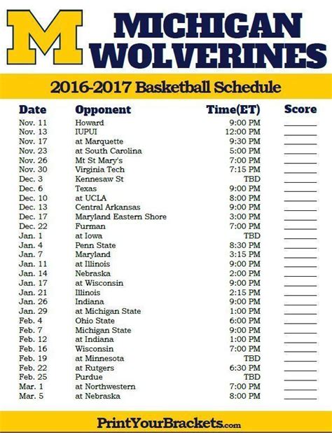 Michigan State Basketball Schedule Printable