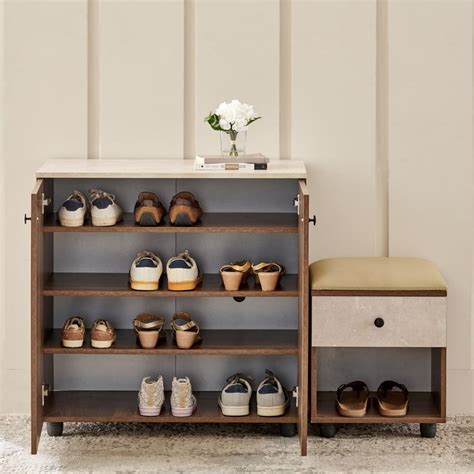 Buy Addison 14 Pair Shoe Cabinet with Drawer and Cushion Seat - Walnut ...