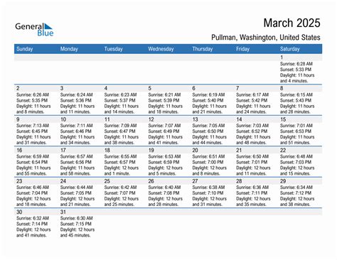 March 2025 Sunrise and Sunset Calendar for Pullman, United States (PDF ...