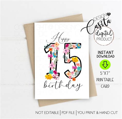 Happy 15th Birthday Printable 5x7 Folded Greeting Card,floral ...