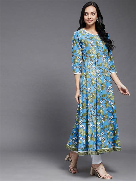 Blue and Green Floral Printed Anarkali Kurta – Azira-Ind