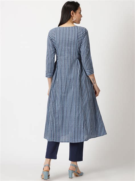 Blue Striped A-line Cotton Kurta with Yoke Embroidery - Saffron Threads