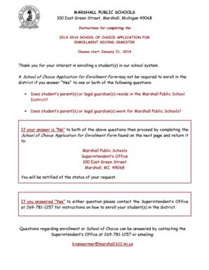 Fillable Online marshall k12 mi 2013-2014 SCHOOL OF CHOICE APPLICATION ...