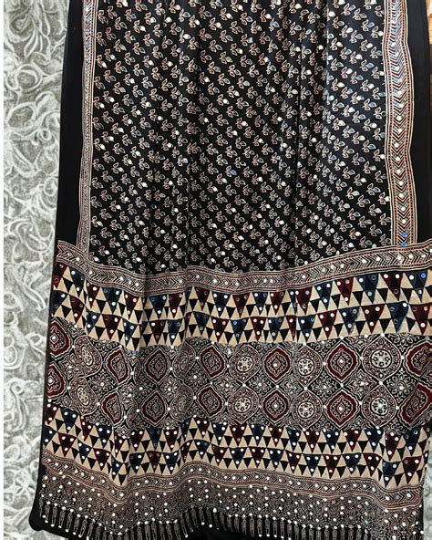 Ajrakh Modal Silk Black Saree with Mirror Work | EthnicsLand