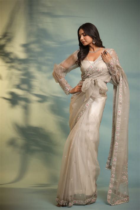 Haseena frost grey ruffle saree & wrap blouse set – Pallavi Jaipur