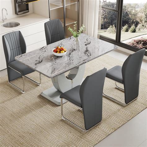Amazon.com - JUFU Modern Dining Table Set for 6,Grey Faux Marble Dining ...