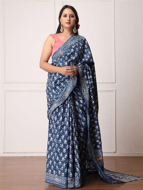 Indigo Dabu Hand Block Printed Cotton Mul Saree
