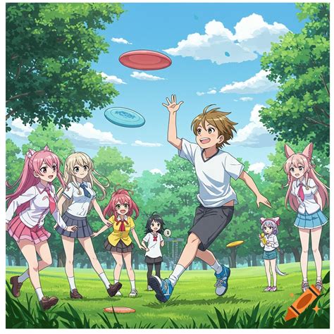 Anime characters, a boy and several girls with animal ears, play disc golf in a sunny park. on ...