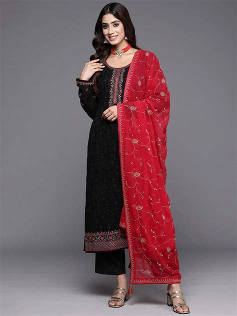 Buy Black Embroidered Georgette Straight Suit With Dupatta Online at Rs ...