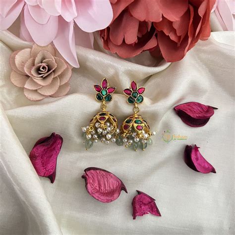 Vriksham Unique Floral Jadau Kundan Jhumka-Red Green-Pastel Green Bead ...