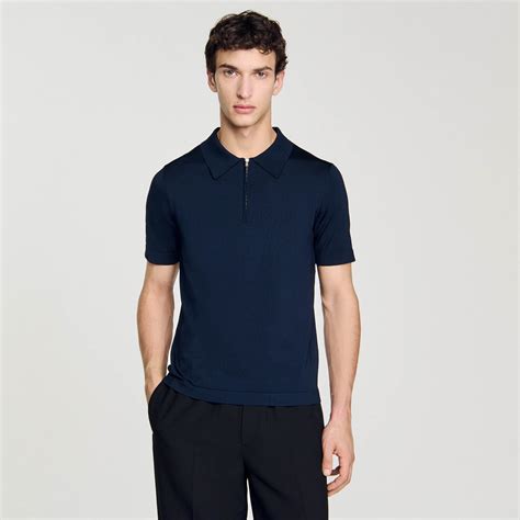 Knitted polo shirt with zip collar blue for Men | Sandro Paris