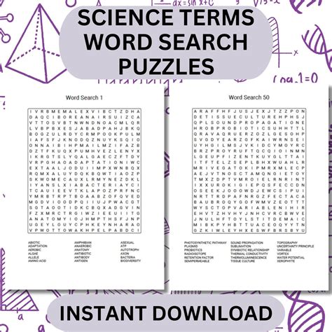 Science Terms Word Search Puzzles, 50 Science Puzzles, Science Vocabulary, Biology Word Search ...