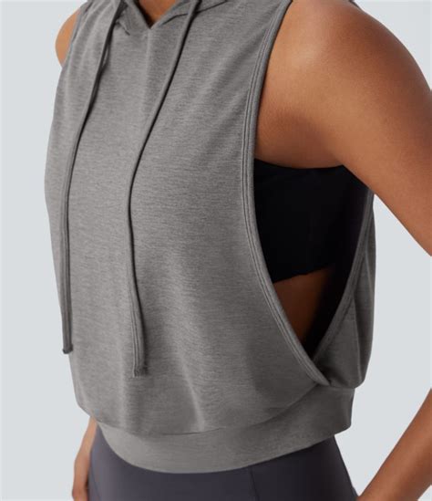 Women’s Hooded Drawstring Sleeveless Cropped Running Tank Top - Halara