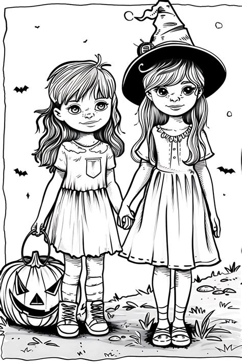A black and white drawing of two little girls dressed up for halloween ...