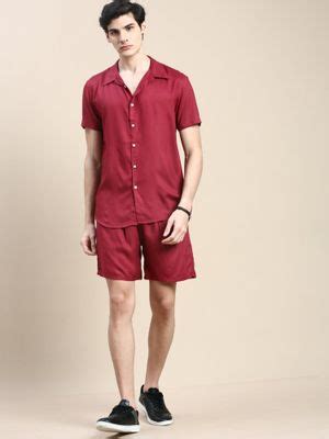 Buy SHOWOFFFF Men Shirt Collar Slim Fit Solid Burgundy Co-Ord (Set of 2 ...