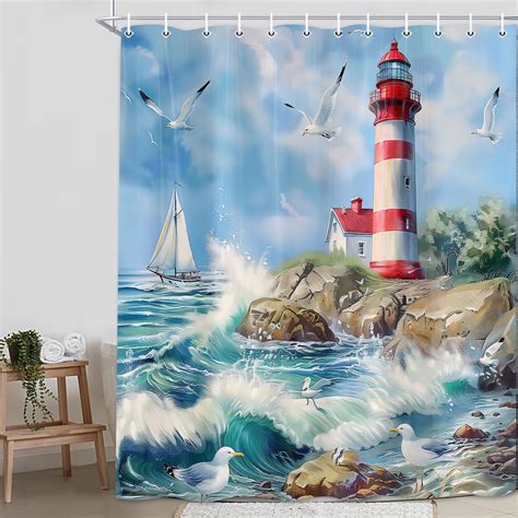 Lighthouse Shower Curtain,Ocean Wave Beach Seagull Shower Curtain for ...