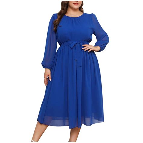 yillto Women's Plus Size Flowy Dress Midi Long Sleeve A-Line Dress ...