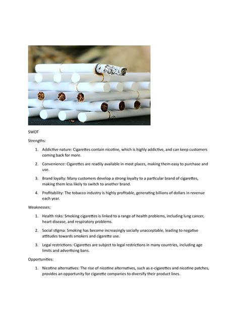 Cigarattes - SWOT,PESTEL - SWOT Strengths: Addictive nature: Cigarettes ...