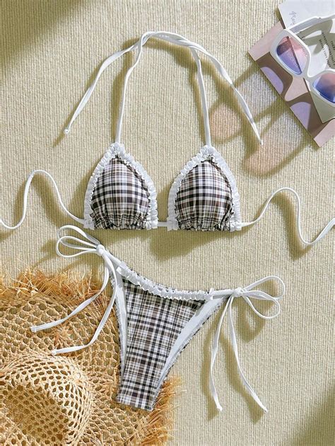 SHEIN Swim 2 Pieces Women Sexy Spaghetti Strap Plaid Micro Triangle ...