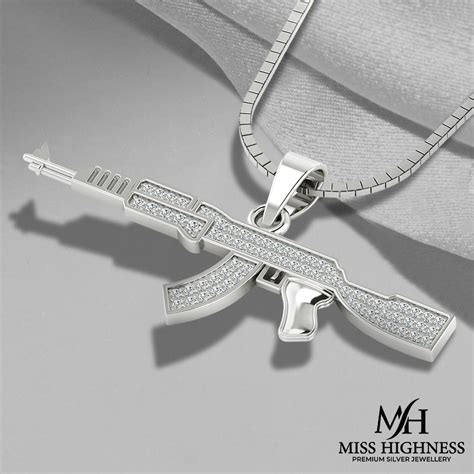 925 Pure Silver AK47 Gun White Iced Pedant For Mens with Chain ...