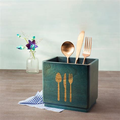Ellementry Blue Wood Utensil Holder| Spoon, Knife, Fork, Chopstick, Cu ...