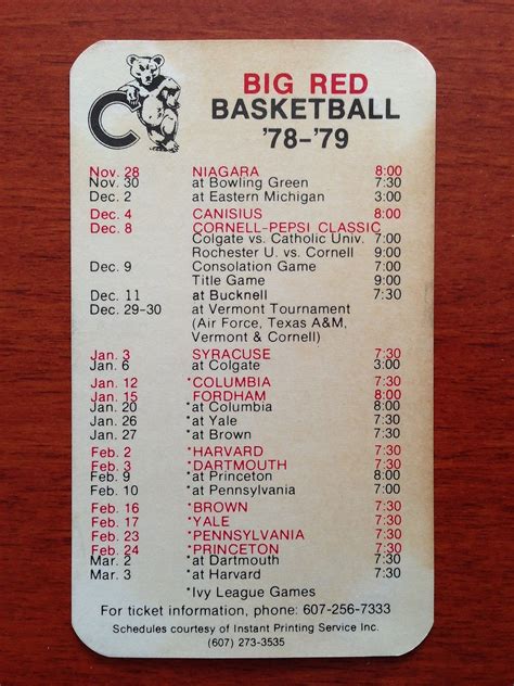 CBK 1978-79 CORNELL BIG RED Basketball Schedule College IVY LEAGUE ...