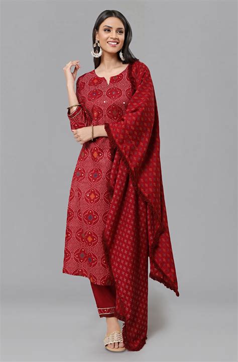 PANAAH - Red Three Piece Kurta Set with Dupatta - Ishnya