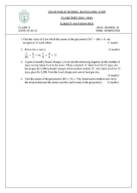 DPS East Class X Math Test 2026: Polynomials & Solutions - Studocu