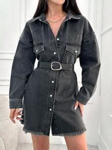 RueChic Denim Dress With Flap Pockets, Drop-Shoulder Sleeves, No Belt ...