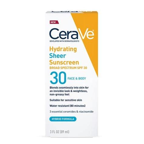 CeraVe Hydrating Sheer Sunscreen Broad Spectrum SPF 30 for Face & Body ...