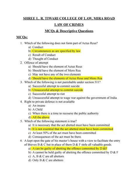 Question Bank -Law of Crimes - SHREE L. R. TIWARI COLLEGE OF LAW, MIRA ...