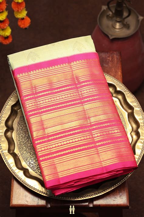 Kanchipuram Silk Saree In Pale Green Stripes Along Buttas