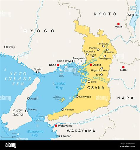 Osaka Prefecture of Japan, political map. Located in Kansai region of ...