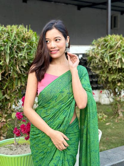 Lotus in Green hue - Handblock Print Natural Dyed - Mulmul Cotton Sare ...