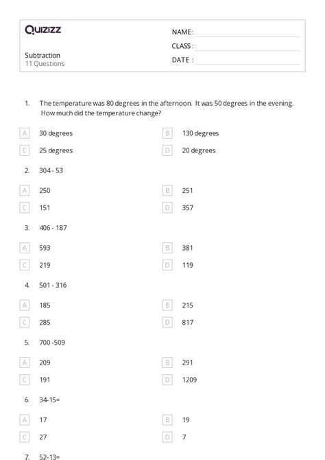 50+ Subtraction worksheets for 3rd Class on Quizizz | Free & Printable