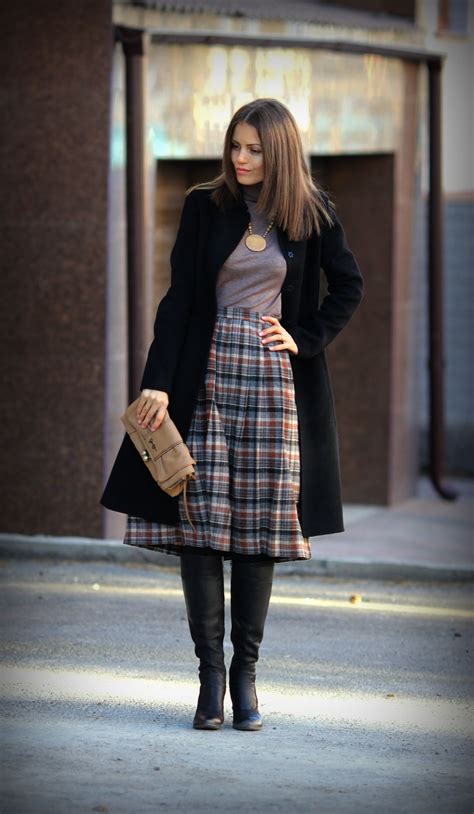 Women's Black Coat, Grey Turtleneck, Grey Plaid Midi Skirt, Black ...