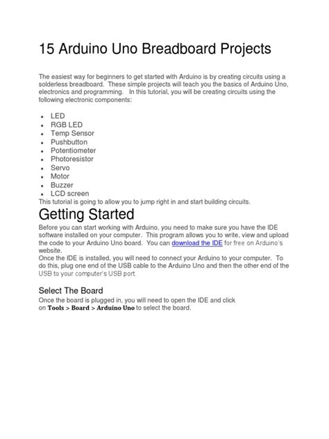 15 Arduino Uno Breadboard Projects | PDF | Arduino | Electronics