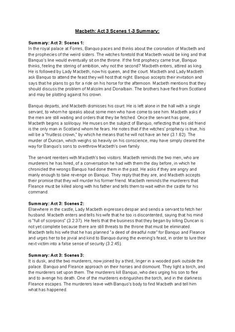 Macbeth Act 3 Scenes 1-3 Summary - Macbeth: Act 3 Scenes 1-3 Summary ...