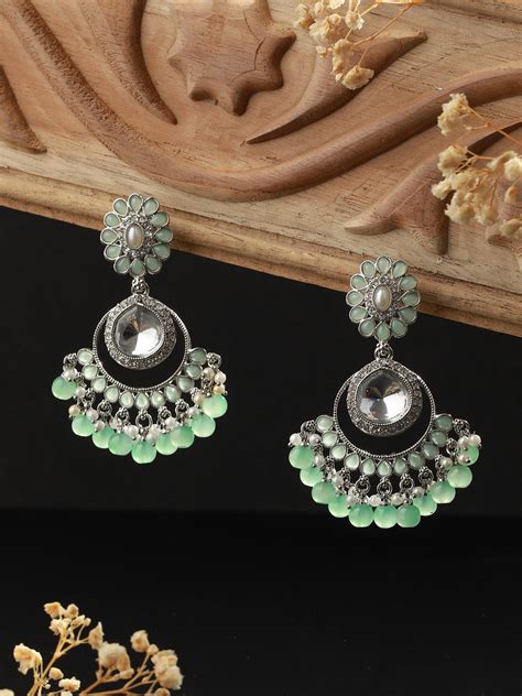 Mint Green Floral AD Beaded Silver-Plated Drop Earrings – Priyaasi