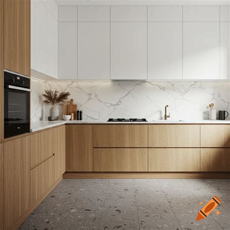 A modern kitchen with black base cabinets, white upper cabinets, and a ...