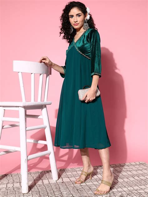 Buy Women Emerald Green Velvet Zari Embroidered Dress Online at Sassafras
