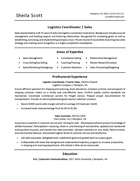 Logistics Coordinator Resume Example (PDF & DOCX)