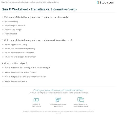Quiz & Worksheet - Transitive vs. Intransitive Verbs | Study.com
