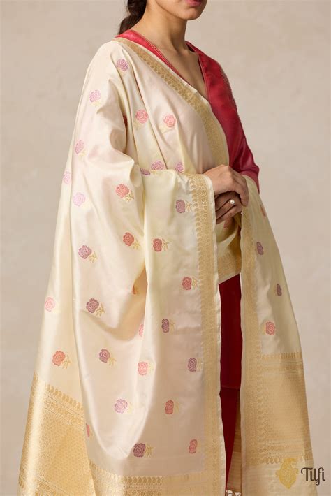 Pre-Order: Cream Pure Katan Silk Banarasi Handloom Dupatta - Tilfi