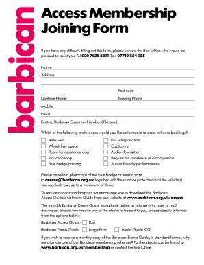 Fillable Online Access Membership Joining Form - Barbican Centre Fax ...