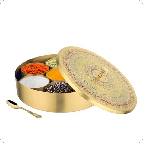 Handmade Brass Masala Box Dabba Gold Spice Container with Embossed Lid ...