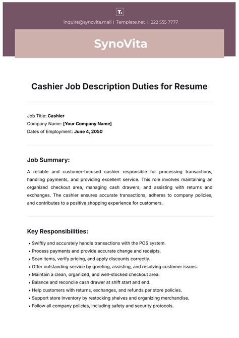 Cashier Resume Job Description