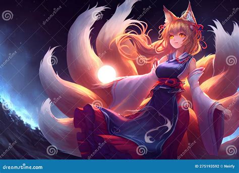 Seven or Nine-tailed Fox Kitsune Stock Illustration - Illustration of korean, fairy: 275193592